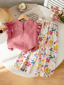 SHEIN 2pcs Young Girl Woven Solid Floral Pattern Round Neck Ruffle Trim Casual Shirt And Pants Set - Pink - View 3