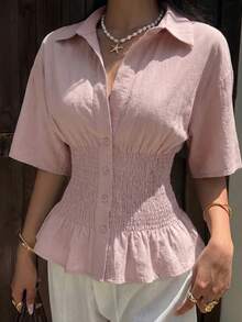 SHEIN EZwear Lotus Root Pink Woven Women's Button Down Short Sleeve Shirt,Summer Top - Dusty Pink - View 6