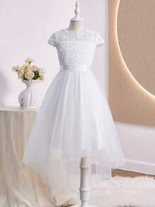 Wedding Summer Girls' Lace Patchwork Satin Half Sleeve Midi Dress, Ball Gown Performance, Birthday Party, Banquet, Christmas White Elegant - White - View 4
