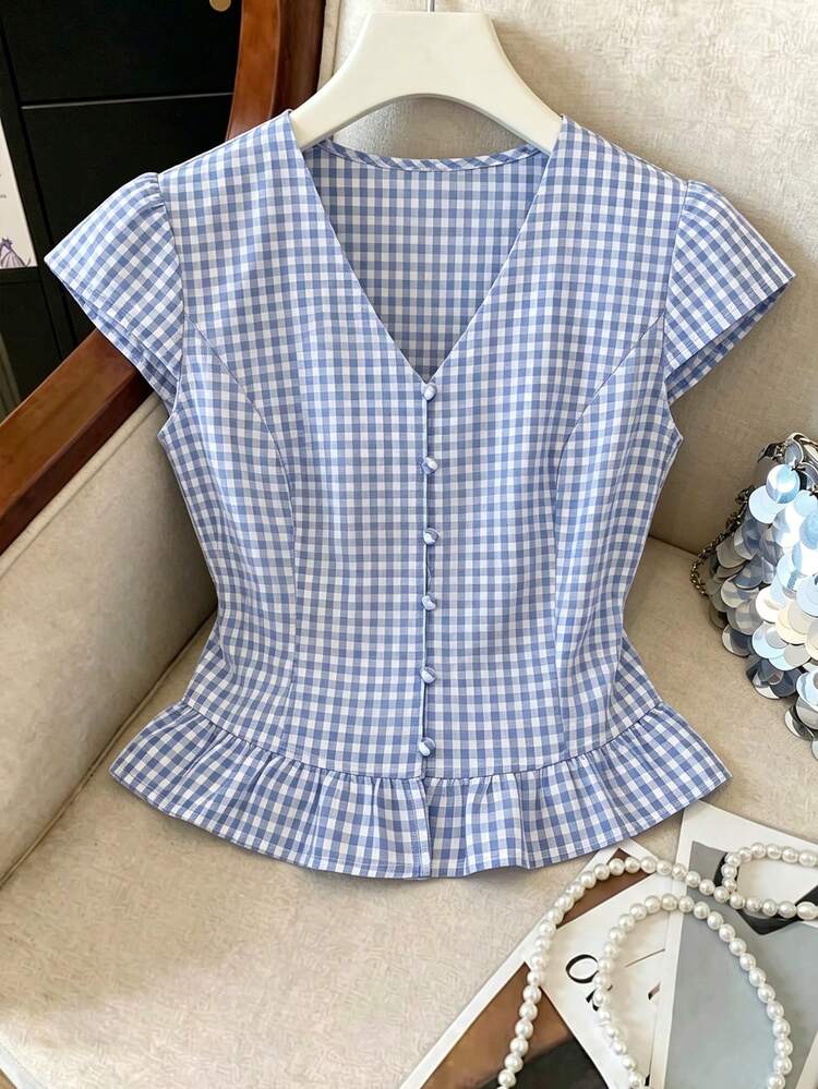 Pariaura 法式蓝色V领纽扣荷叶边下摆女式衬衫 - 藍色 - 查看 5