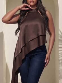 Truni Plus-Size Irregular Hem Satin Wrinkle-Resistant Top For Casual Vacations - Brown - View 7