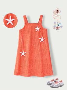 SHEIN Casuvi Kids Casuvi 青少女女童休閒針織提花紋理吊帶洋裝，寬鬆A字版型搭配3D花卉裝飾，舒適適合春夏日常穿著 - 亮橙色 - 查看 4