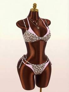 Amplova Women's Leopard Print Color Block Two Pieces Set, Sexy And Avant-Garde, Suitable For Vacation Outfits, New Arrival Festival Independence - Pink - View 5