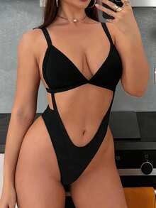 Swim SXY 女款一件式泳衣，優雅度假風性感復古時尚黑白撞色鏤空設計，海灘泳池派對泳裝 - 黑色 - 查看 3
