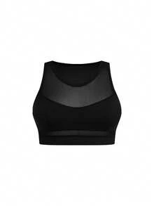 Cheerettes Plus Size Women Solid Color Mesh Patchwork Fitness Sports Tank Top - Black - View 3