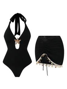 Swim Oasis 1 套女士纯色挂脖系带纹理面料罩衫及抽绳连体泳衣，夏季 - 黑色 - 查看 2