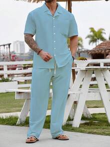 Manfinity RSRT Plus Size Men's Casual Solid Color Front Button Polo Shirt And Shorts Set, Summer - Baby Blue - View 4