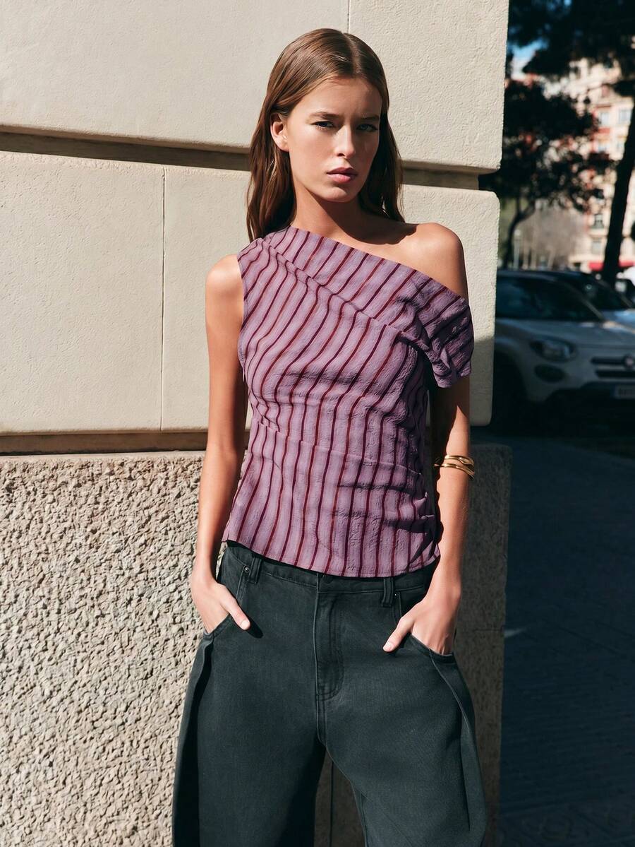 Nöista Diagonal Lilac Stripe One-Shoulder Top. Summer, Fall, Going Out, Resort, Party Style. - Multicolor - View 1