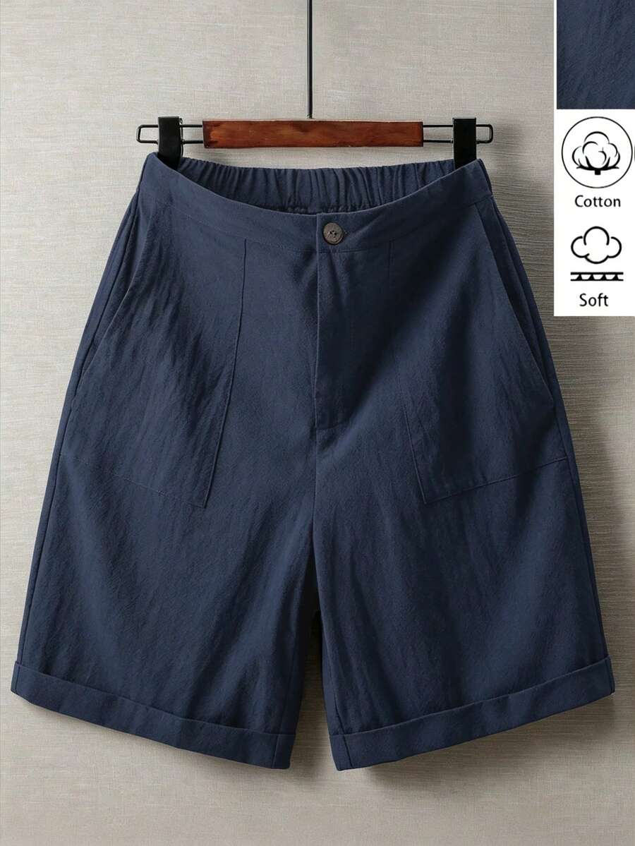 Linhara Plus Size Women Solid Color Casual Versatile Daily Wear Shorts - Blue - View 1