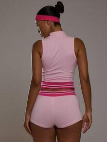 Musera Sport Top activo sin mangas con contraste de cintura acanalada, para deportes, entrenamiento, gimnasio, pilates, fitness, correr diariamente, casual - Rosa Pálido - Ver 4