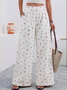 SHEIN Holidaya Jeans casuales anchos y sueltos con pliegues y estampado floral diminuto para mujer - Blanco - Ver 1
