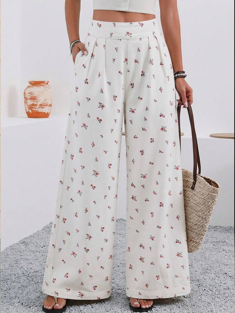 SHEIN Holidaya Jeans casuales anchos y sueltos con pliegues y estampado floral diminuto para mujer - Blanco - Ver 1