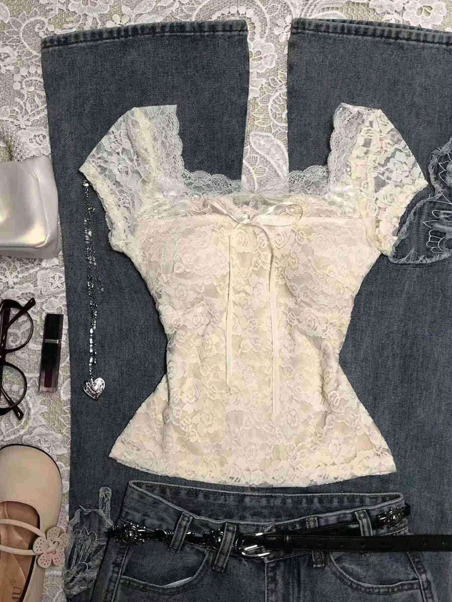 Glimmora Blusa de encaje con lazo talla grande - Albaricoque - Ver 1