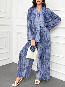 Modelyn 女款巴提克印花落肩長袖上衣與寬鬆休閒長褲2件套 秋季居家度假藍白配色 - 藍色 - 查看 4