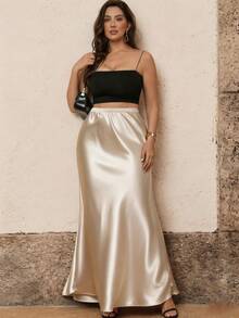 SHEIN PETITE CURVE Plus Size Women Solid Color Casual Versatile Daily Wear Skirt - Apricot - View 6