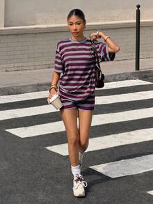 SHEIN Conjunto casual diario de camiseta de manga corta con parches a rayas y pantalones cortos para adolescentes - Blanco - Ver 3