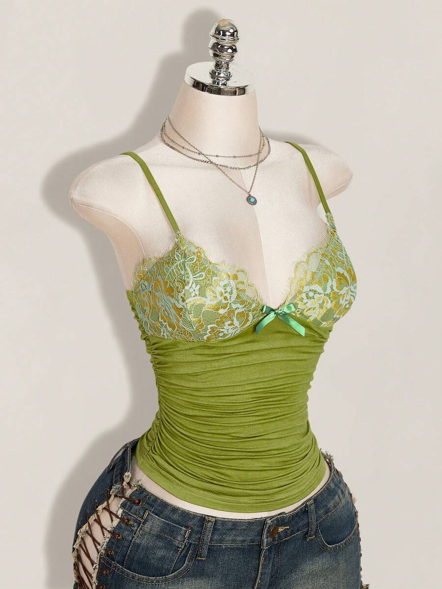 SHEIN ICON Contrast Lace Ruched Y2k Cami Top - Green - View 1