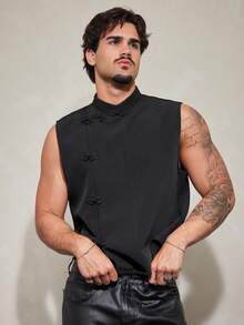 FeverCity Men's Summer Fashion New Chinese Style Stand Collar Frog Button Decor Vest - Black - View 4