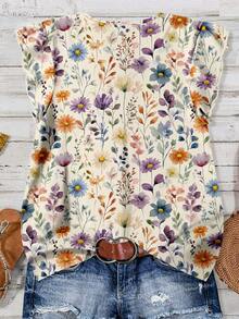 SHEIN LUNE Women's Summer Casual Beach Vacation Style All-Over Floral Print V-Neck Ruffle Armhole Top - Multicolor - View 2