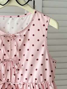 SHEIN Tween-Mädchen Lässig Alltags Urlaubs Rosa Braun Polka Punkte Bedrucktes Crop Top mit Schleife, Rosa Elegantes Top, Sommer Tops, Sommer Bluse - Pink - Übersicht 7