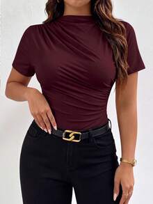 Elenzga Plus Size Women's Spring/Summer Solid Color Elegant Elastic Bodysuit, Asymmetric Design, Ruched Detail, Round Neck Short Sleeve, Versatile For Work And Everyday Wear - Burgundy - View 3