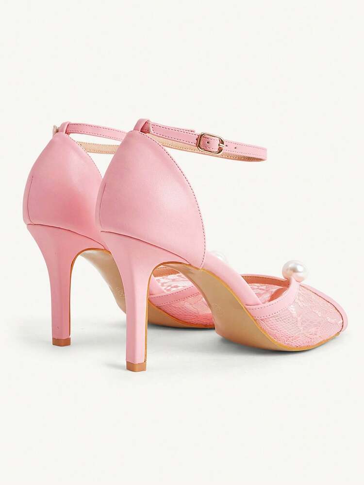 CUCCOO CHICEST Women Shoes Spring And Summer New Multi-Color Mesh Lace Pearl High-Heeled Sandals, One-Word Buckle With Open-Toe Hollow Stiletto Shoes, French Gentle Wind, Daily Dating Wedding Bridesmaid Shoes, Banquet Dress Cheongsam With Shoes, Temperament Versatile Fairy Style Women's Shoes