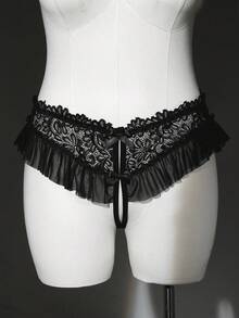Seduluxe 1pc Plus Size Lace Mesh Crotchless Panty Black Summer - Black - View 1