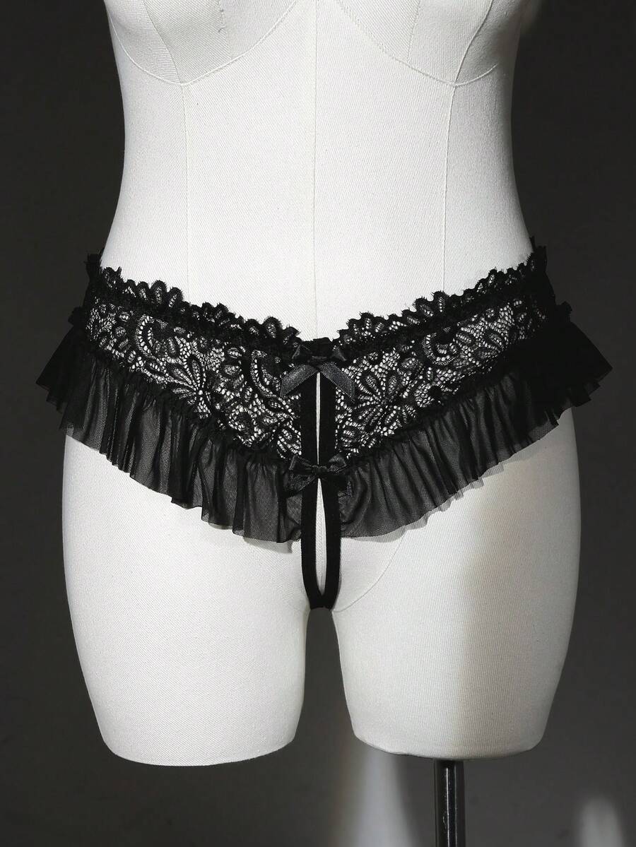 Seduluxe 1pc Plus Size Lace Mesh Crotchless Panty Black Summer - Black - View 1