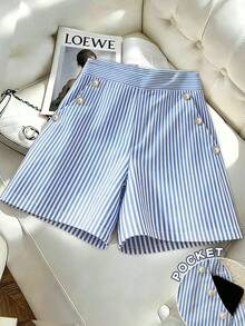 Franclia Quần short nữ cạp cao dáng chữ A ống rộng, có túi, màu xanh dương và trắng kẻ sọc dọc, đính ngọc trai giả. - Màu xanh lam - Xem 1