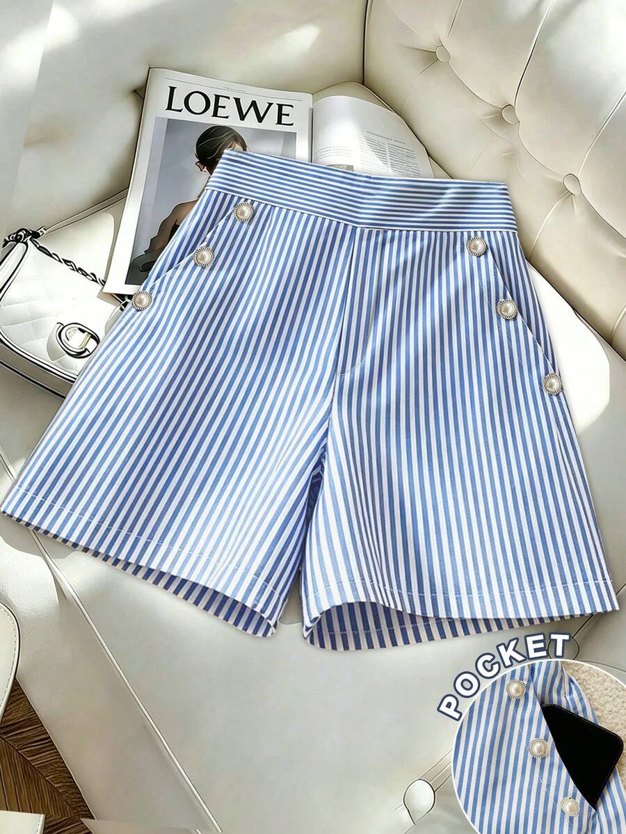 Franclia Quần short nữ cạp cao dáng chữ A ống rộng, có túi, màu xanh dương và trắng kẻ sọc dọc, đính ngọc trai giả. - Màu xanh lam - Xem 1
