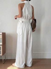 DAZY Bộ jumpsuit dài dáng rộng, không tay, cổ chữ V, thắt eo bên hông, thanh lịch, phong cách thành thị hiện đại dành cho nữ. - trắng - Xem 5