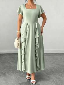 Elenzga Plus Size Solid Color Ruffle Collar Short Sleeve Dress, Summer - Green - View 3