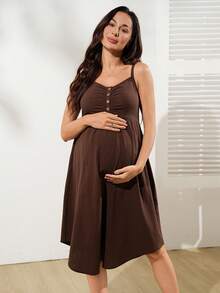 GentleRue Maternity Maternity Casual Comfortable Solid Color Ruched Button Nursing Slip Dress - Brown - View 4