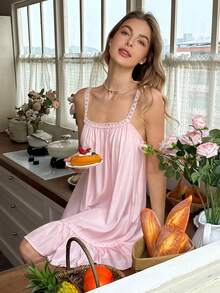 Snug Reverie Lace Trim Sleeveless Loose Nightgown For Women Sleeping Light Pink Summer Cute - Pink - View 4