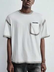 ROMWE MEN Street Life Herren Farbverlauf bedrucktes Kurzarm T-Shirt mit Tasche - Aprikosenfarben - Übersicht 4