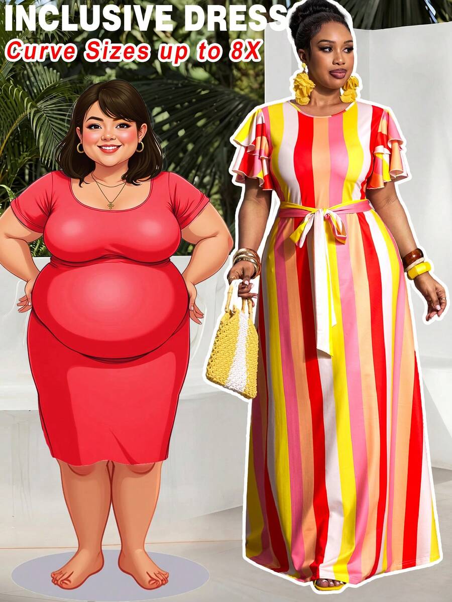 SHEIN CURVE+ 2026夏季新款,加大码女士条纹印花荷叶袖连衣裙,适合度假、日常约会、春季外出。这款飘逸的荷叶袖长裙采用条纹设计,色彩鲜艳,是女士度假的理想之选。 - 彩色 - 查看 1