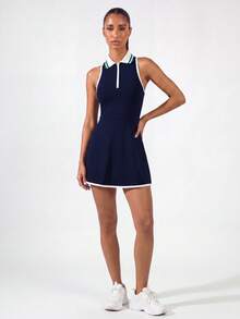 SHEIN BASICS 女款休閒運動風對比色領無袖洋裝運動裙 - 藏蓝色 - 查看 4