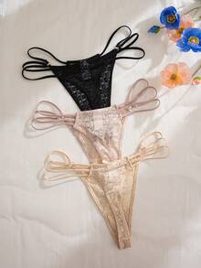 SHEIN 3件組浪漫蕾絲蝴蝶結丁字褲 - 彩色 - 查看 2