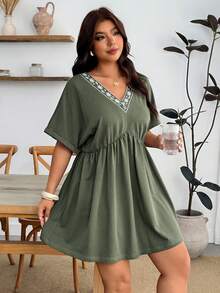 Enliva Plus Size Women's V-Neck Embroidered Casual Washed Short Sleeve Dress, Suitable For Daily, Commuting, And Vacation Wear - Multicolor - View 4