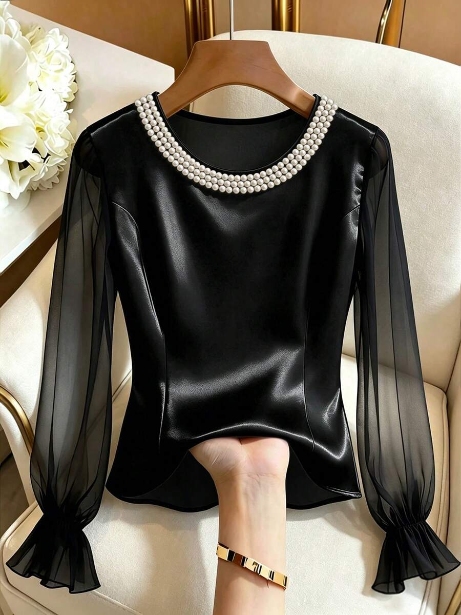 GlowEve Women's Fashionable Elegant Pearl Decor Round Neck Mesh Long Sleeve Top - Black - View 1