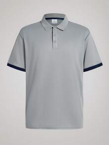 Officeau Men's Summer Solid Color Short Sleeve Casual Commuting Button Polo Shirt, Suitable For Golf Sports, Grey Polo Shirt - Grey - View 1