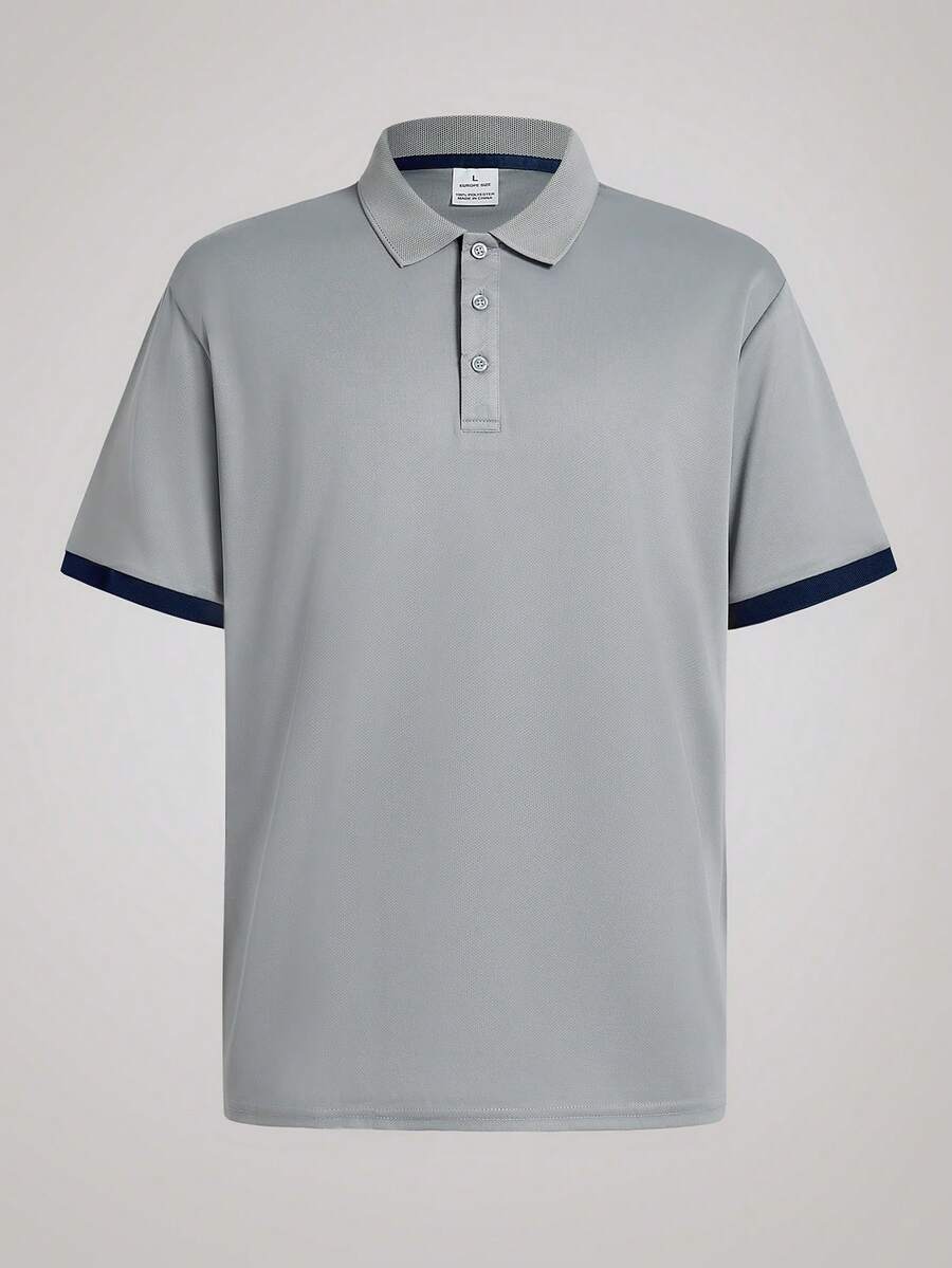Officeau Men's Summer Solid Color Short Sleeve Casual Commuting Button Polo Shirt, Suitable For Golf Sports, Grey Polo Shirt - Grey - View 1