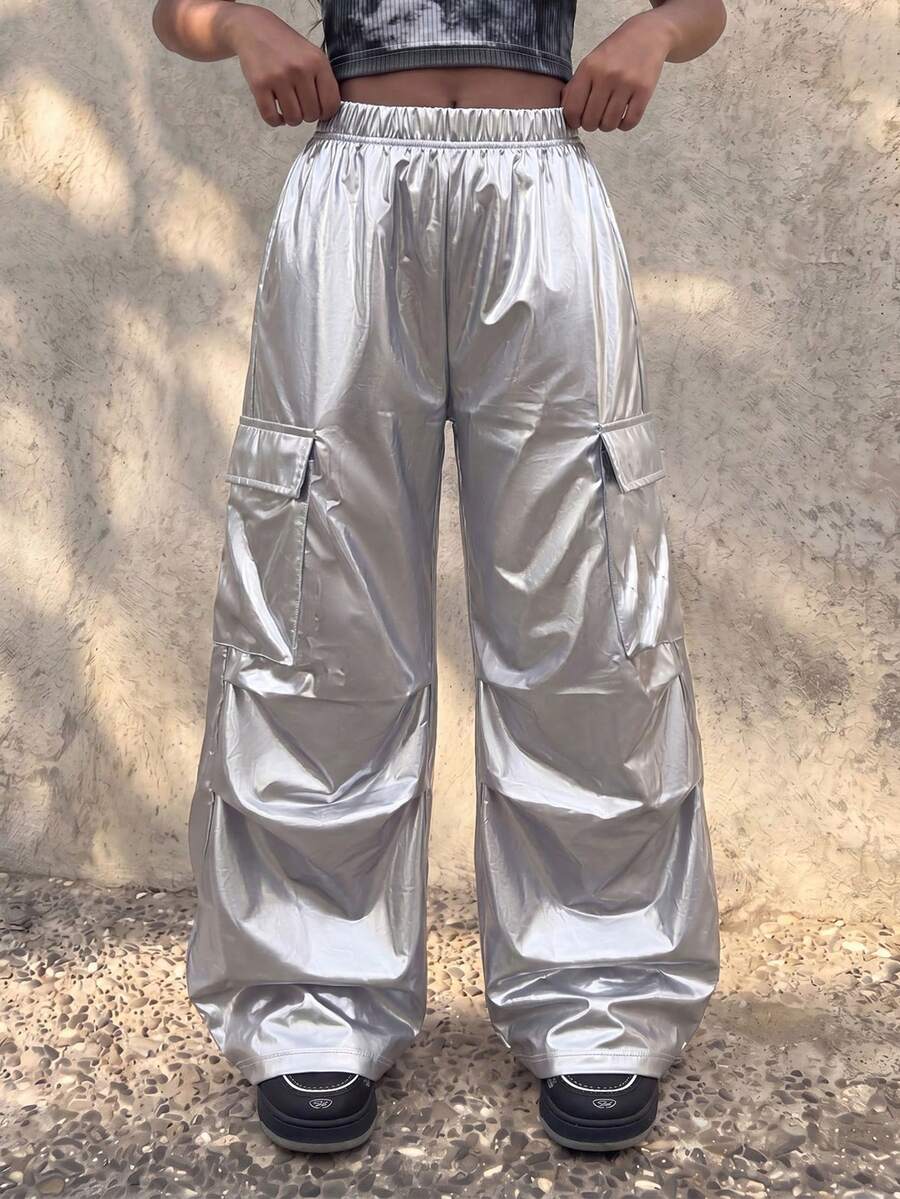Coolane Kids 少女春夏粉色翻盖侧袋带缎带抽绳腰阔腿降落伞工装裤日常休闲舒适长裤 - 銀色 - 查看 1