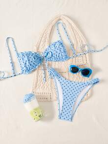 Swim Mod Polka Dot Print Bikini, Sexy Beachwear Swimwear With Adjustable Straps For Women, Spring/Summer - Blue - View 3