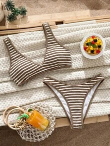 Swim Vcay Conjunto de bikini dividido con diseño de cordón y color claro a la moda, de tela especial de verano - Café integral - Ver 6