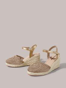 Styleloop Women's Hemp Rope Straw Woven Wedge Heel Champagne Ankle Strap Woven Ankle Strap Women's Wedge Heel Shoes Sandals Hemp Rope Shoes Bohemian Style Suitable For Going Out On Vacation Daily Dating Beach Beach Travel Casual Style With Women's Shoes - Champagne - View 9