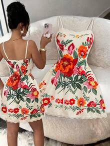 Vestido de mujer blanco con estampado de bordado floral, sin mangas, con tirantes finos, estilo boho para verano, vacaciones y fiestas, con ribete de encaje y cintura ceñida, elegant - Multicolor - Ver 6
