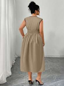 Elenzga Plus Size Women's Elegant Color Block Pleated Waist Dress, Back Cinched Design, Suitable For Daily Commute - Khaki - View 2