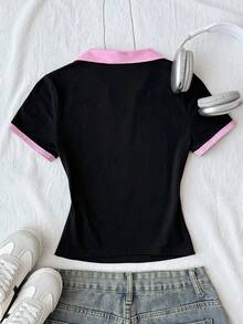 SHEIN Tween Girls Retro Color Block Polo Collar Fitted T-Shirt - Black - View 2