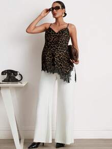 MaterniWear Brown Leopard Print Lace-Trimmed Asymmetrical Hem Maternity Tank Top, Suitable For Summer Casual Maternity Commuting Photoshoot. Women's Social Blouse - Khaki - View 7